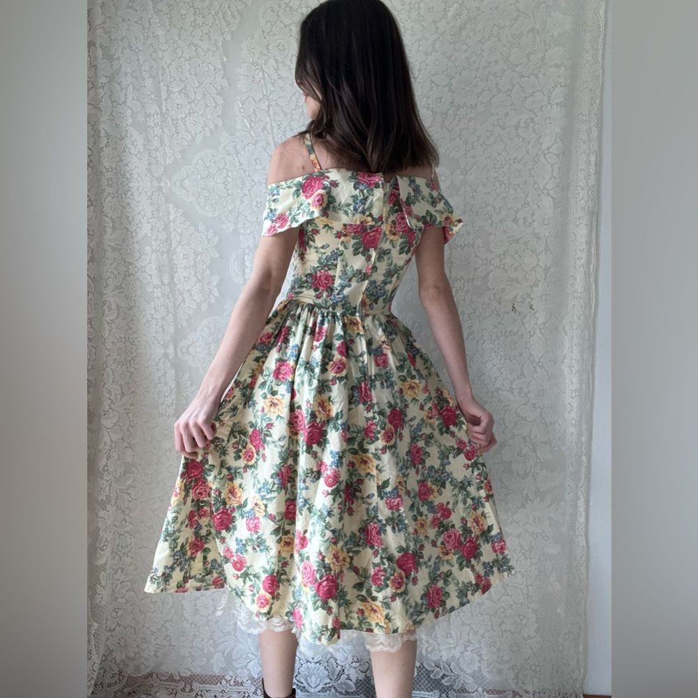 Vintage 80s All That Jazz Drop Waist Floral Dress Corset Style & Lace Ruffle - Picture 3 of 16
